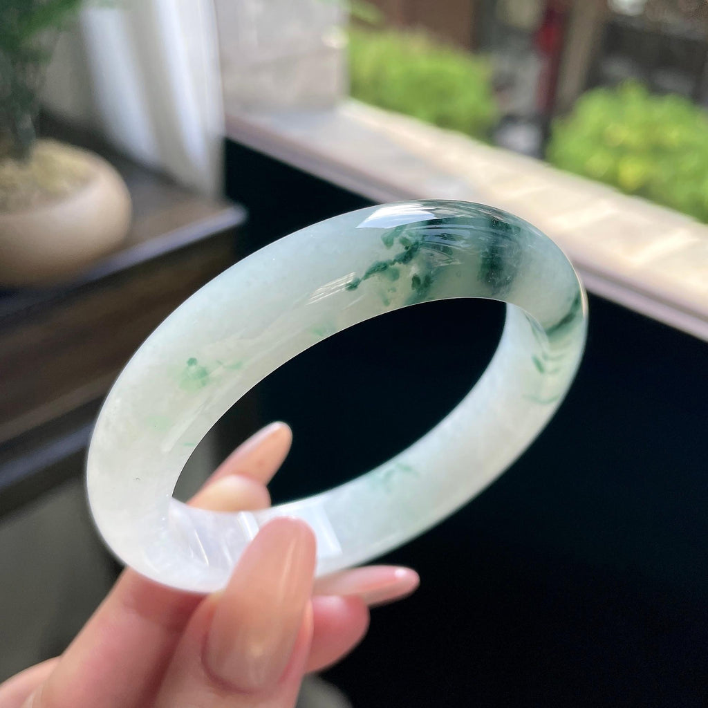 糯冰种绿飘花正圈平安镯 57圈 天然缅甸A货翡翠（yc693134）