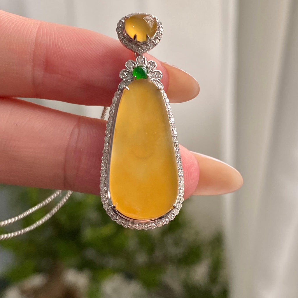 18k金钻镶冰种黄翡无事牌吊坠（yc206765）