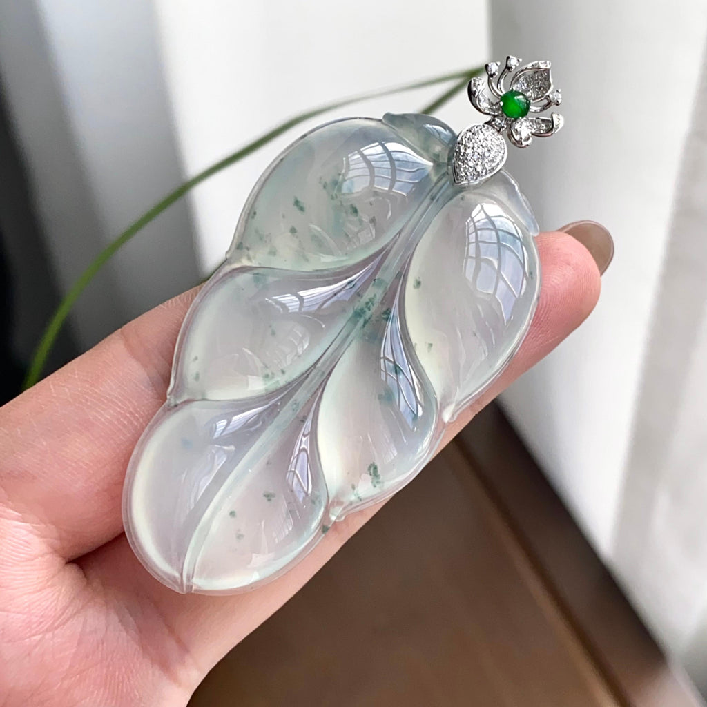 18k金钻镶冰种飘花玉叶吊坠（yc262745）