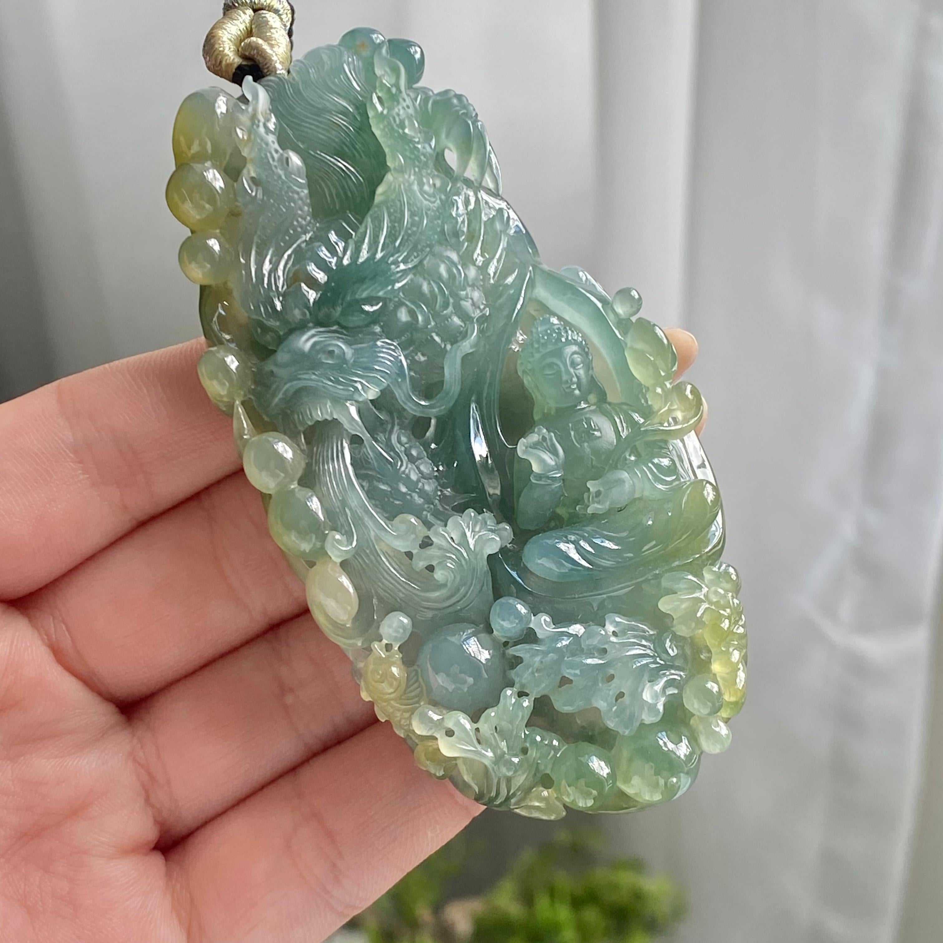 糯冰种双彩神龙护主牌吊坠（yc214691）