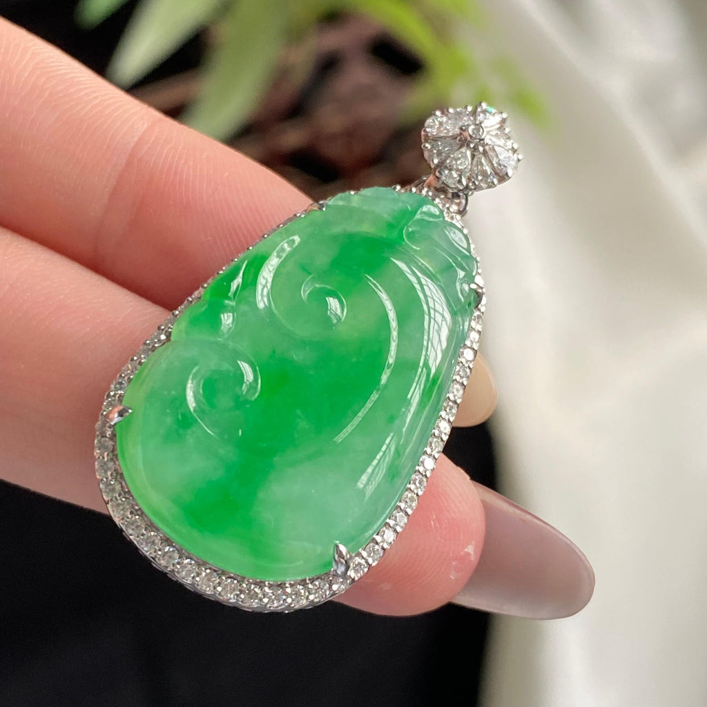 18k金钻镶冰种满绿如意吊坠（yc197330）