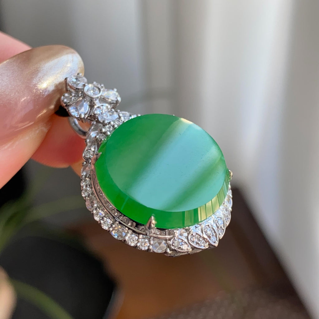 18k金钻镶冰种阳绿圆牌吊坠（yc264961）