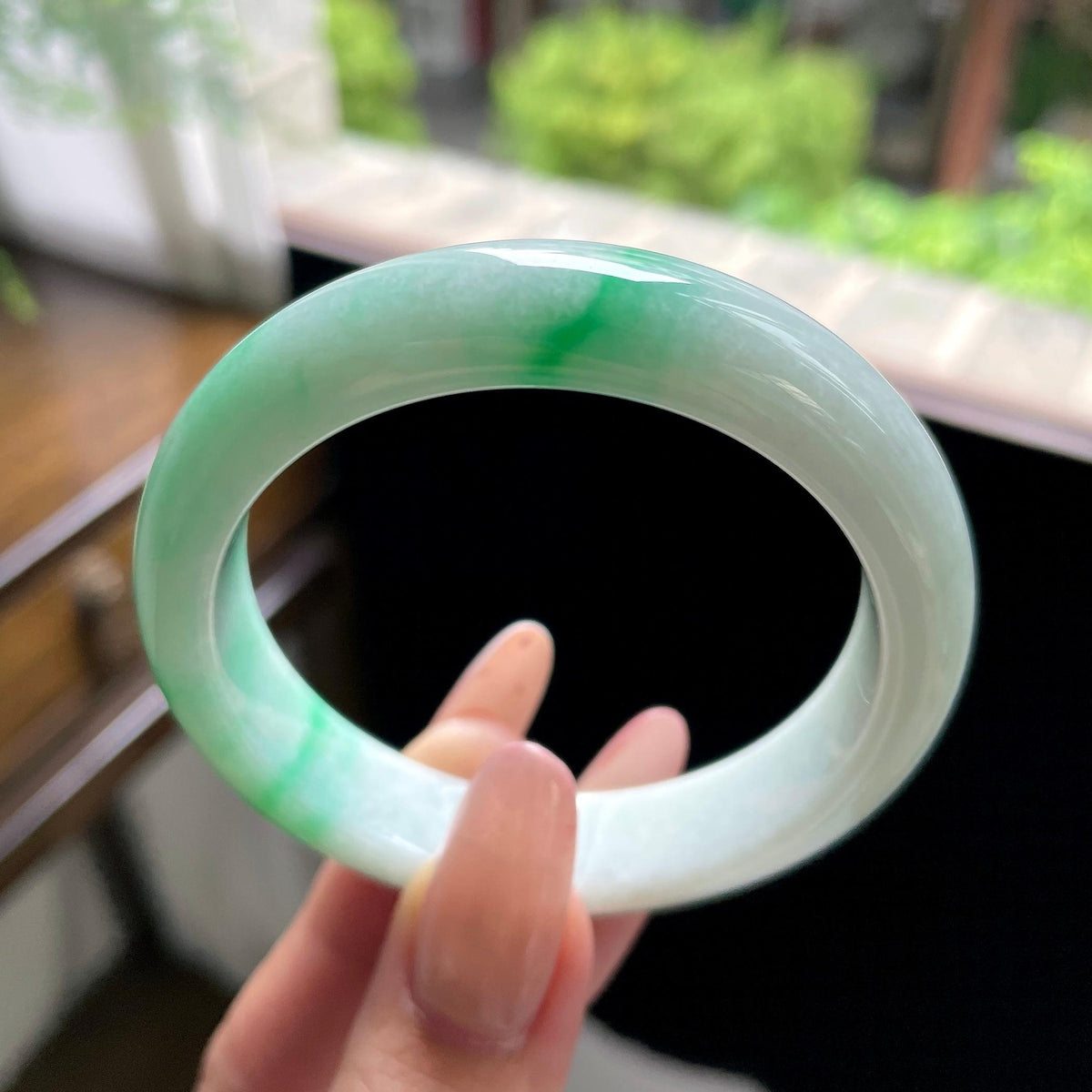 糯种阳绿白底青正圈平安镯 53圈（yc709467）