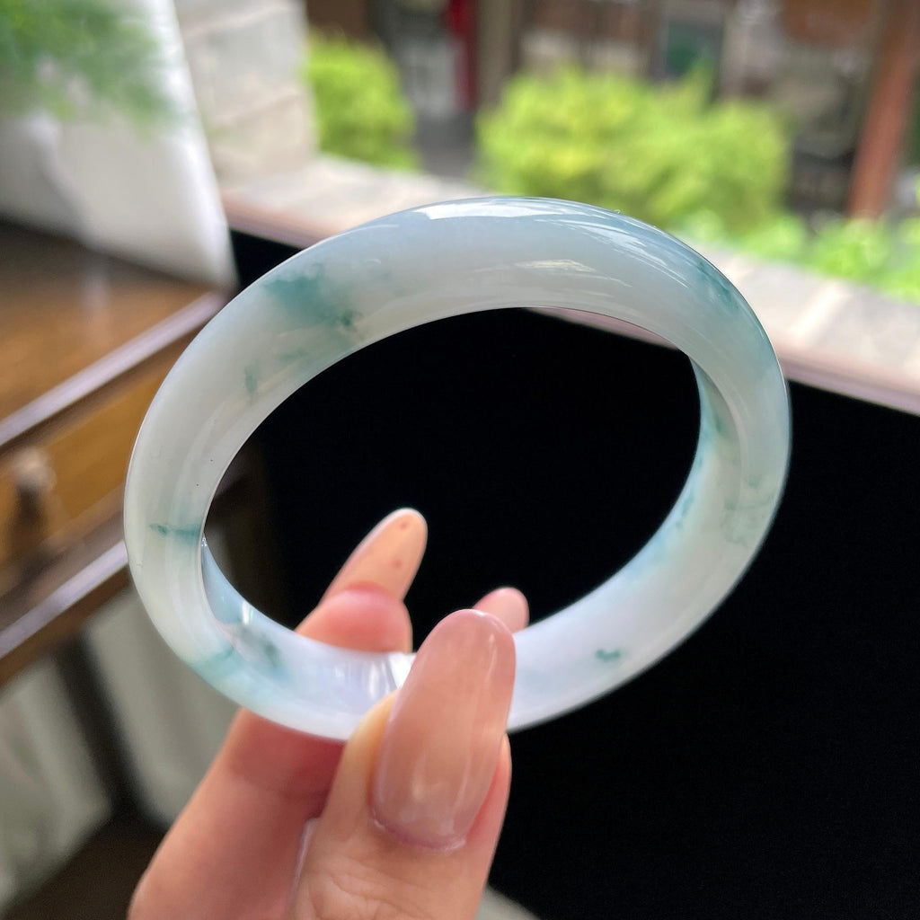 细糯种牛奶底飘花正圈平安镯 55圈 天然缅甸A货翡翠（yc703261）