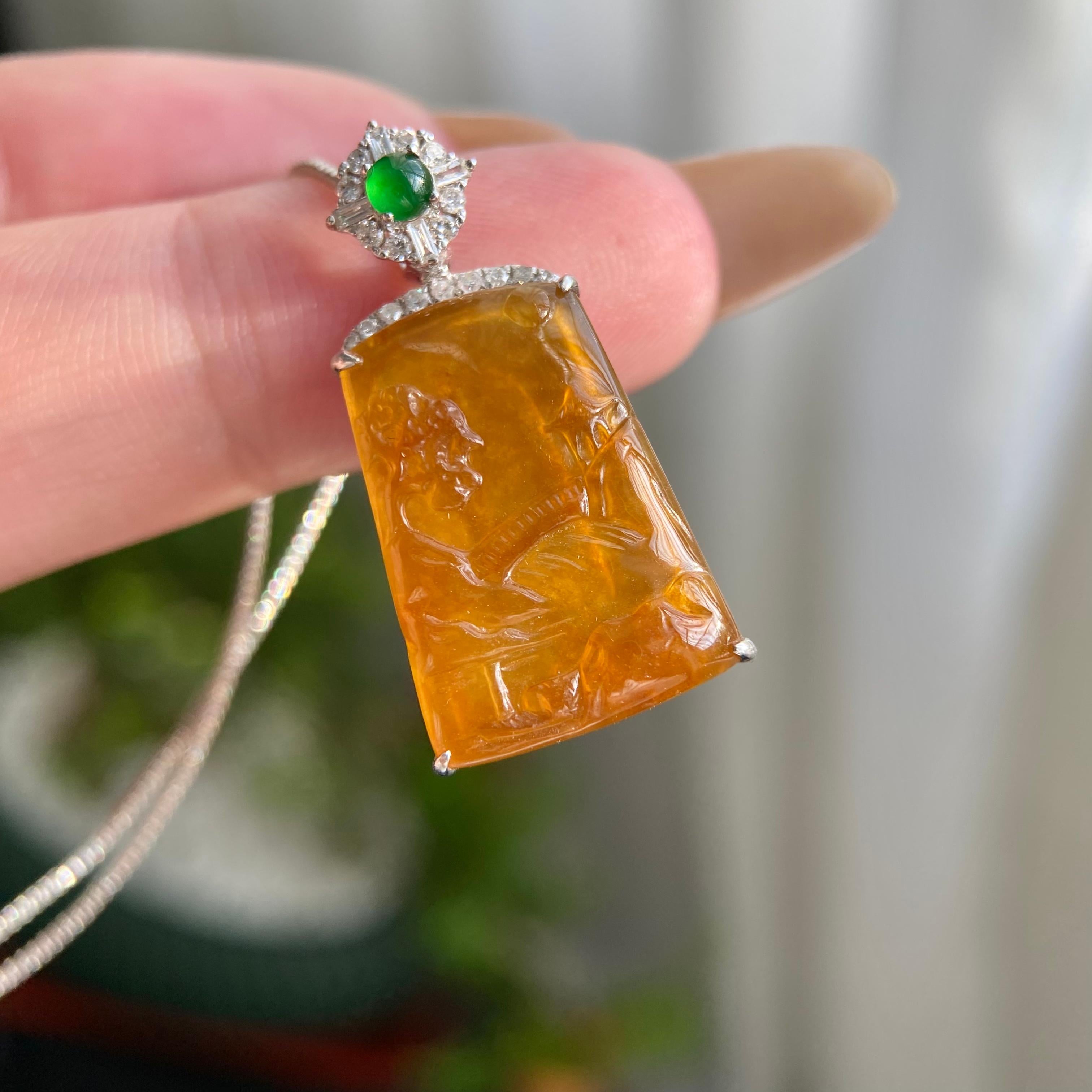 18k金钻镶冰种黄翡山水牌吊坠（yc216834）