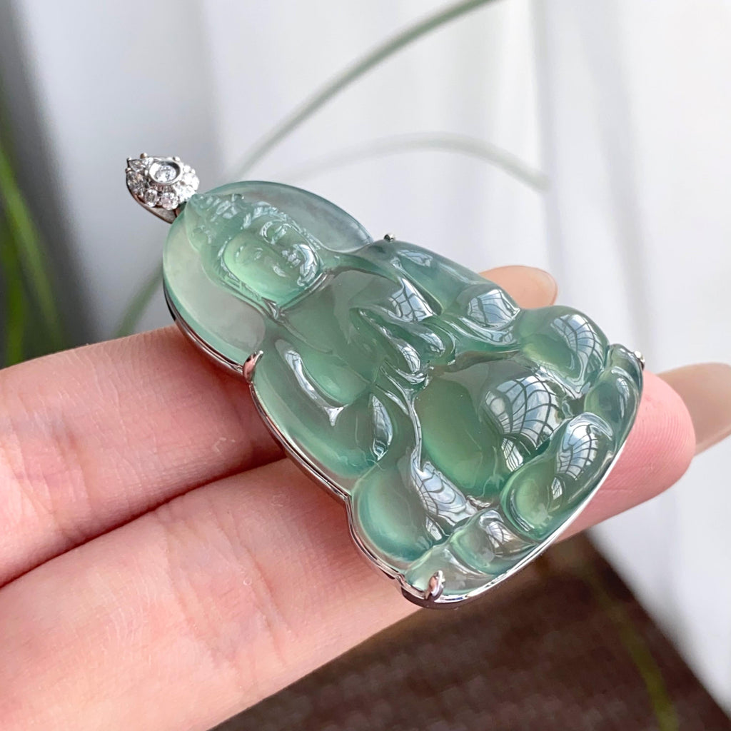 18k金钻镶冰种湖水绿观音吊坠（yc250195）