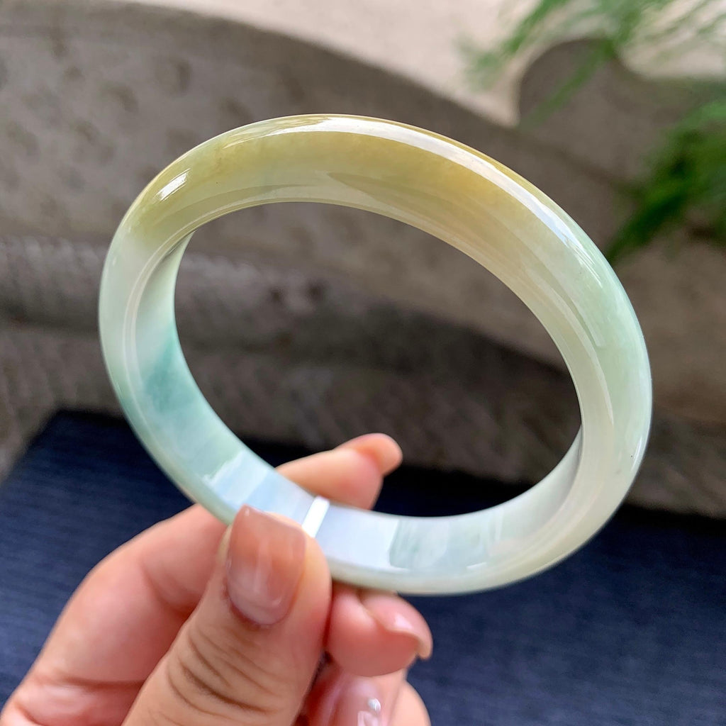大圈口 细糯种黄翡飘蓝花正圈平安镯 59圈口 天然缅甸A货翡翠（yc524449）
