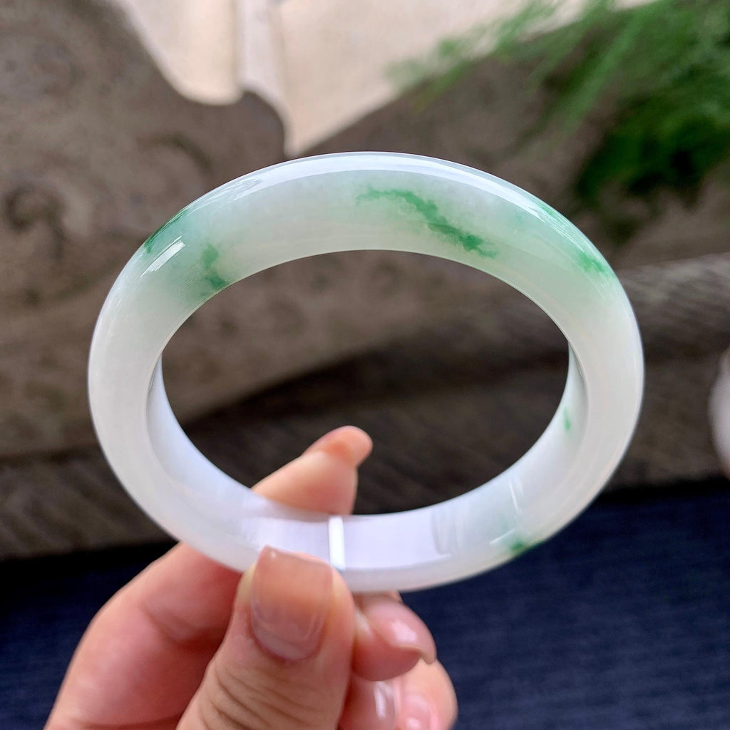 细糯种飘绿花正圈平安镯 57圈口 天然缅甸A货翡翠（yc536188）