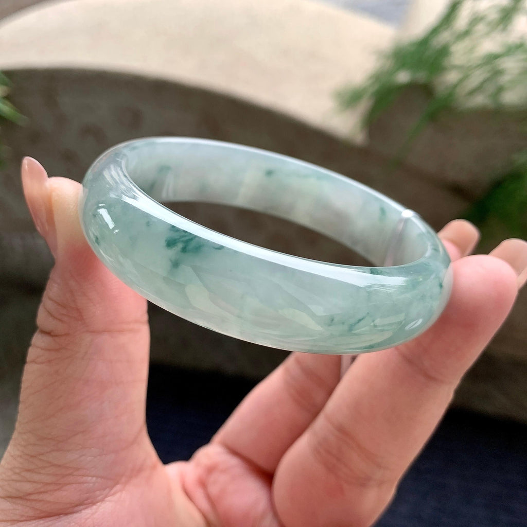 糯冰种飘蓝花宽版轮胎手镯 57圈口 天然缅甸A货翡翠（yc701180）