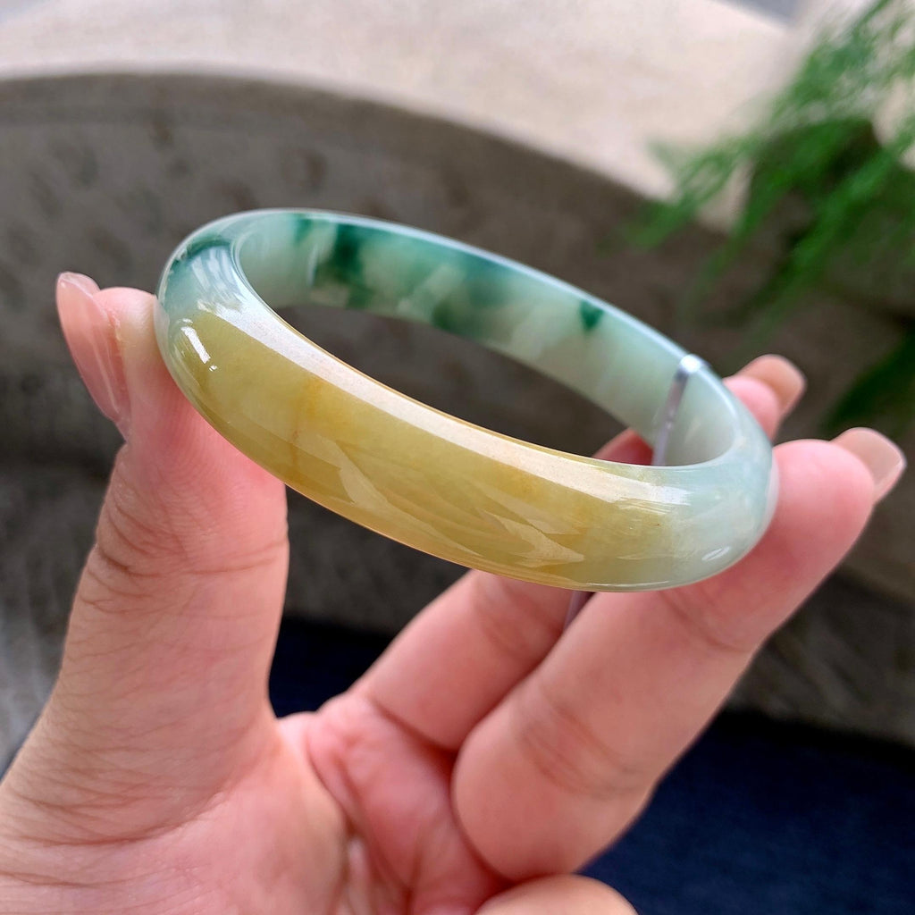 细糯种黄翡飘蓝花正圈平安镯 55圈口 天然缅甸A货翡翠（yc522666）