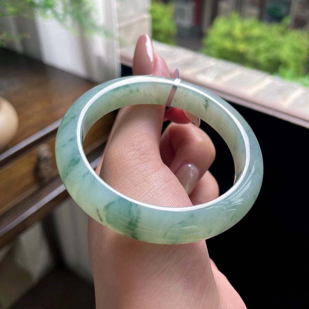 细糯种绿飘花正圈平安镯 53.5圈 天然缅甸A货翡翠（yc696412）