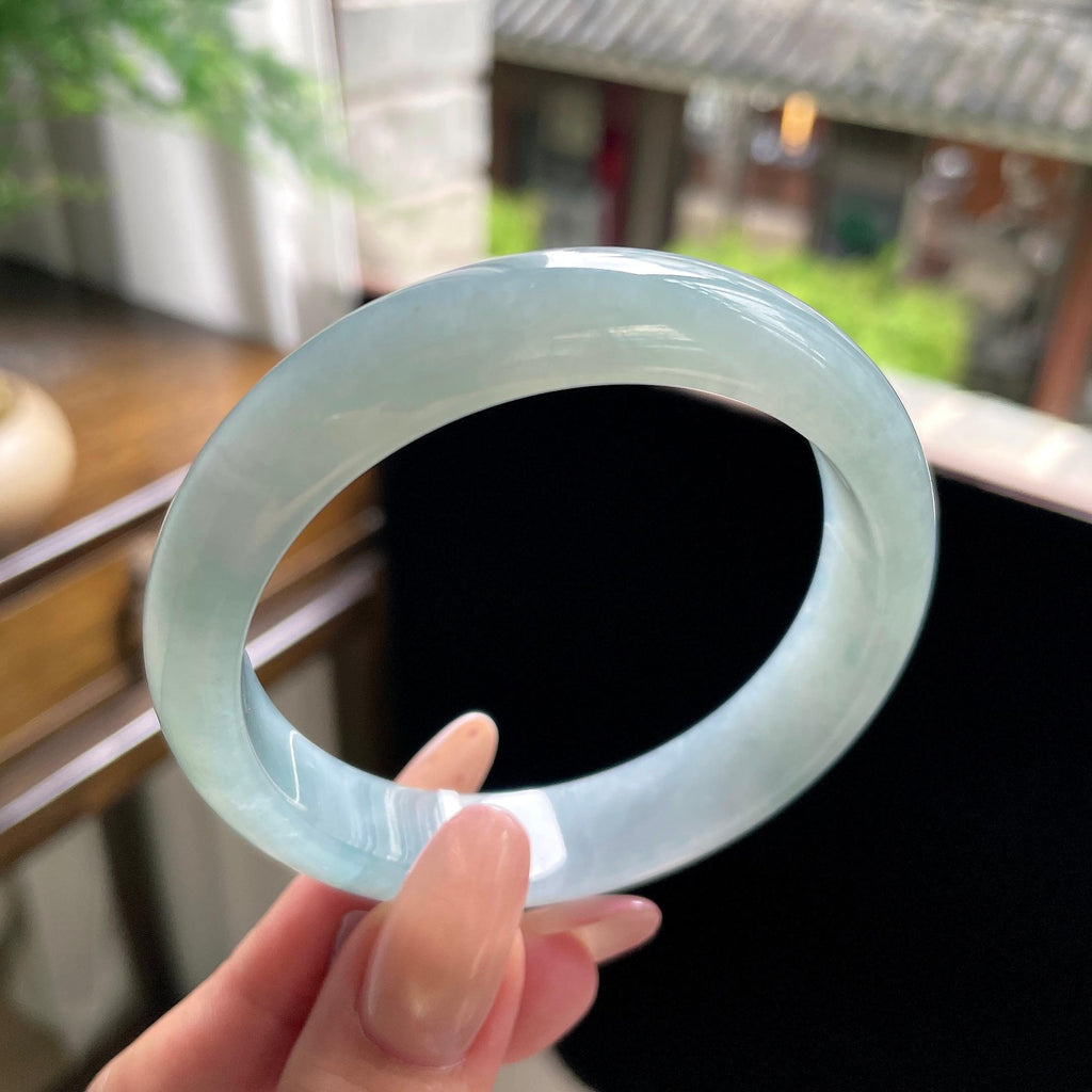 细糯种晴蓝底正圈平安镯 57圈 天然缅甸A货翡翠（yc696401）
