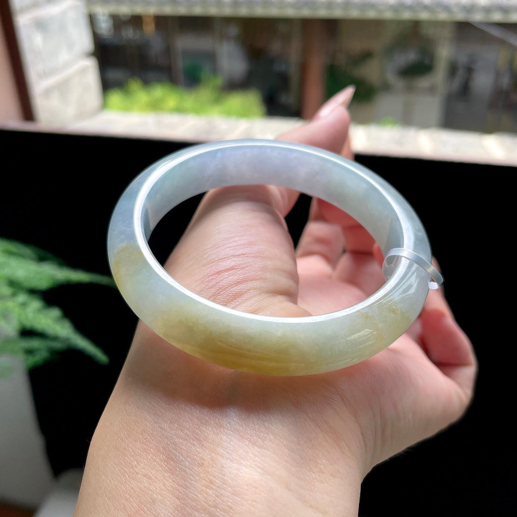 糯冰种冰蓝底黄翡正圈平安镯 58圈口 天然缅甸A货翡翠（yc527799）