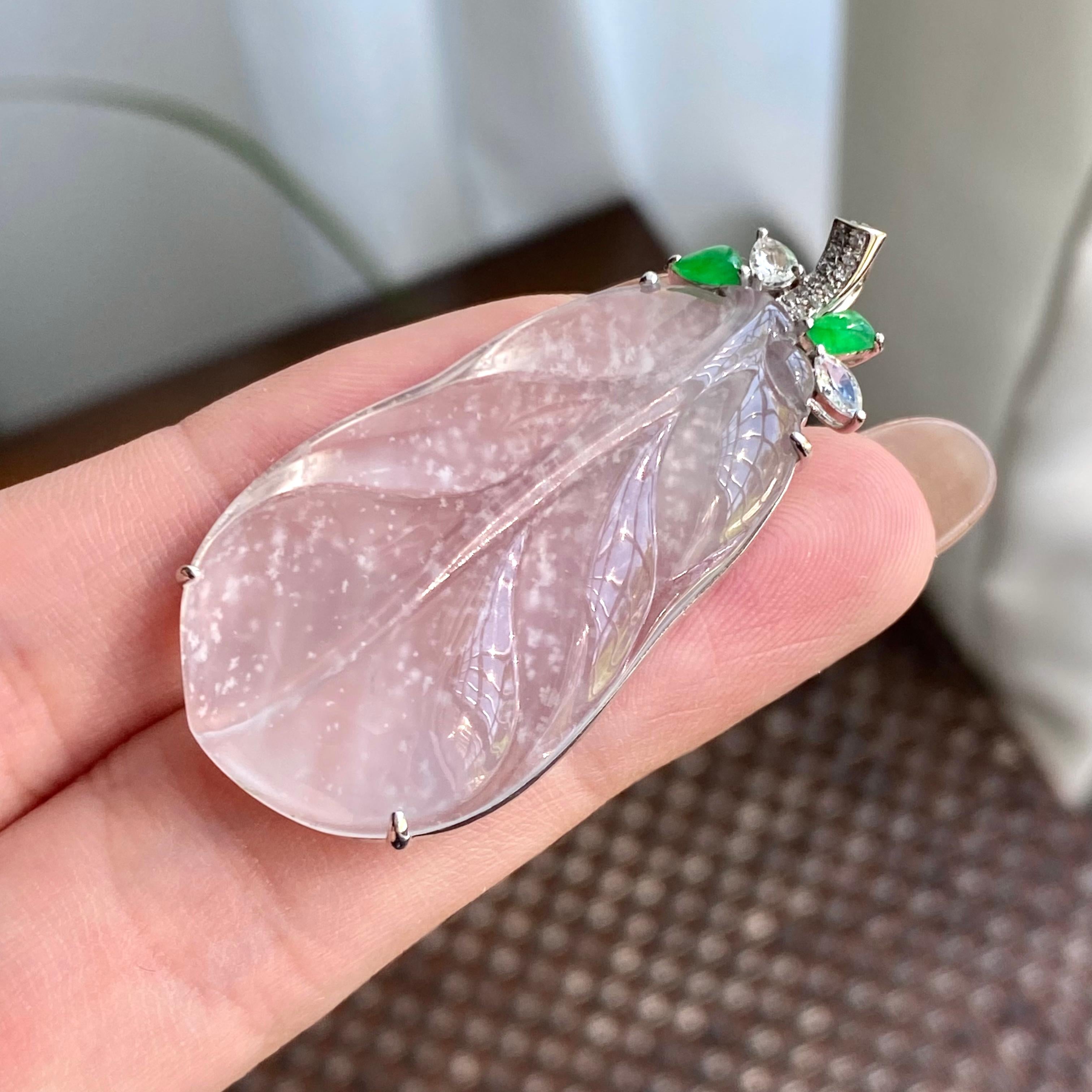 18k金钻镶高冰种雪花棉玉叶吊坠（yc266155）