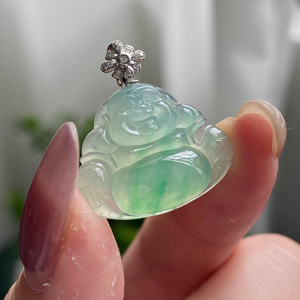 18k金钻镶冰种飘花佛公吊坠（yc200405）