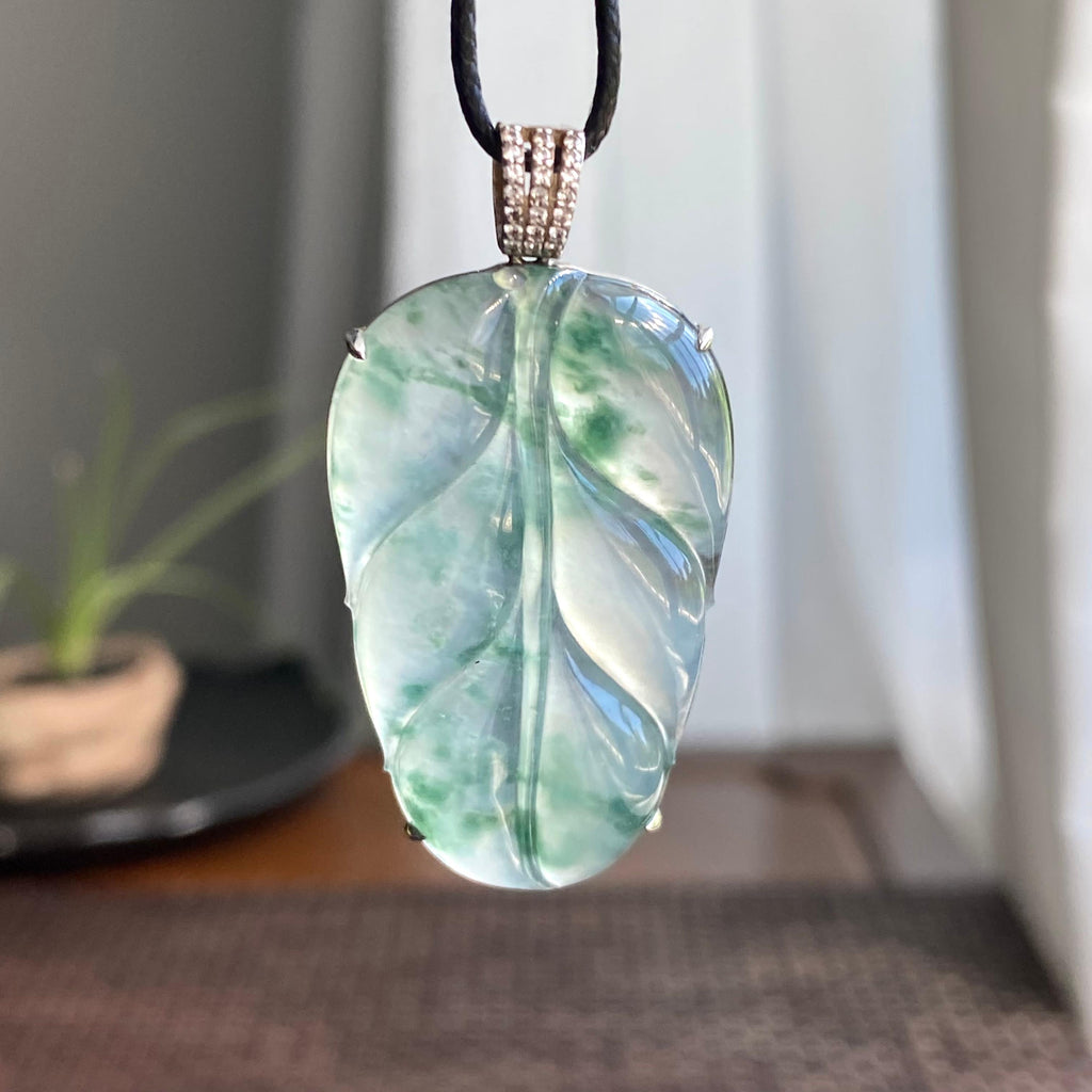 18k金钻镶冰种飘花玉叶吊坠（yc266216）