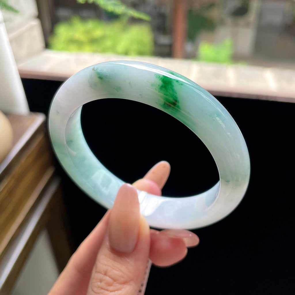 细糯种翠绿飘花正圈平安镯 55.5圈 天然缅甸A货翡翠（yc693147）