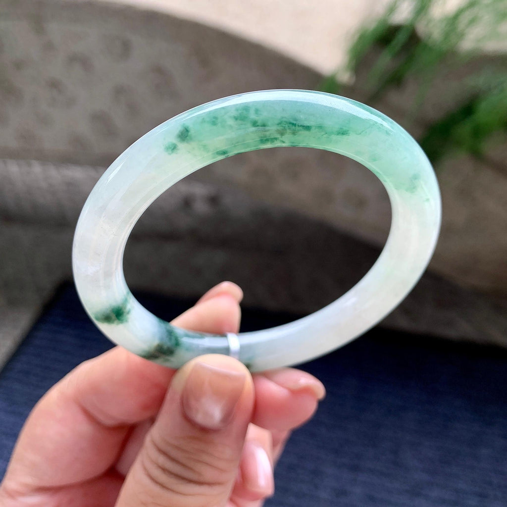 细糯种飘蓝花圆条手镯 52.5圈口 天然缅甸A货翡翠（yc703306）