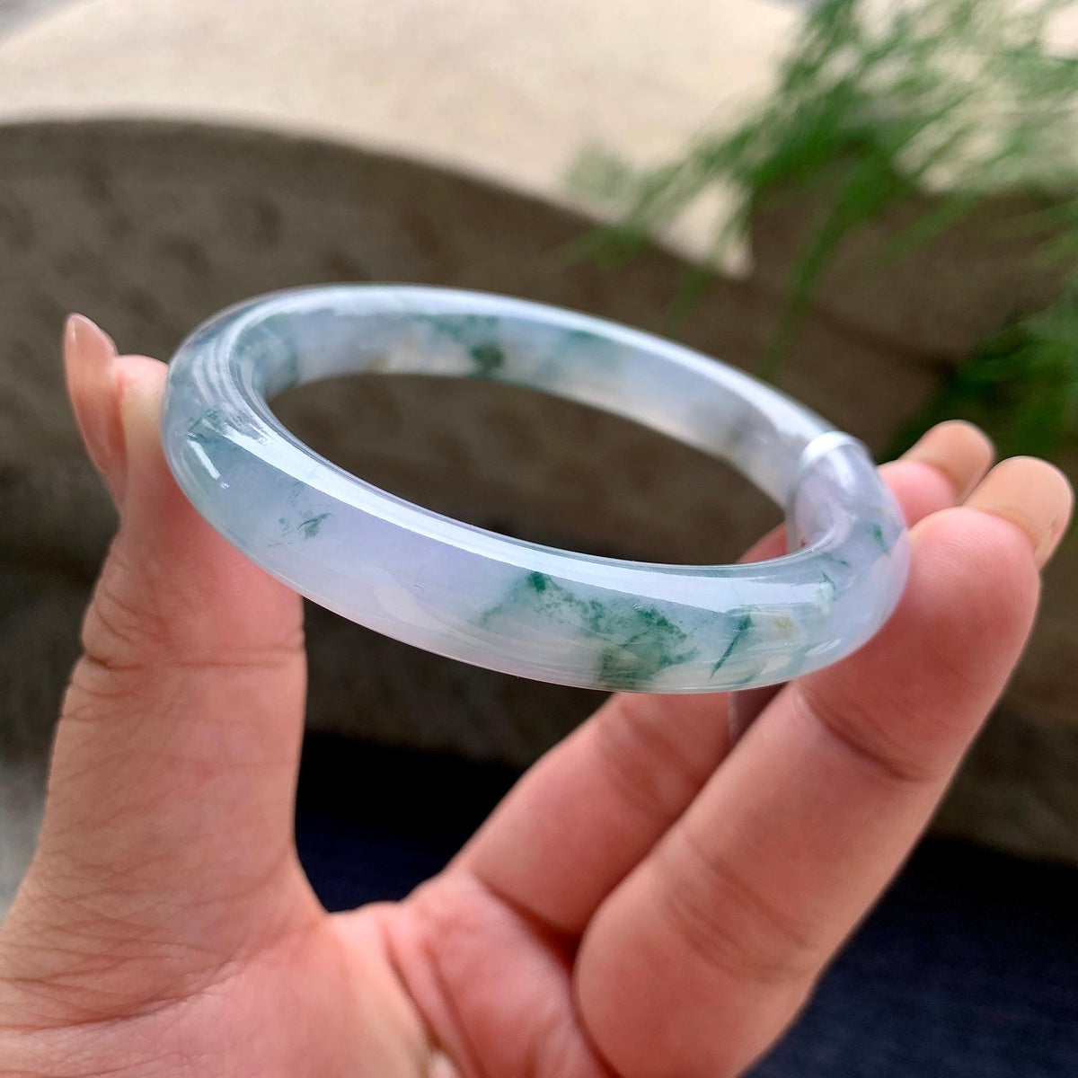 糯冰种紫罗兰飘蓝花圆条手镯 52.5圈口 天然缅甸A货翡翠（yc701199）