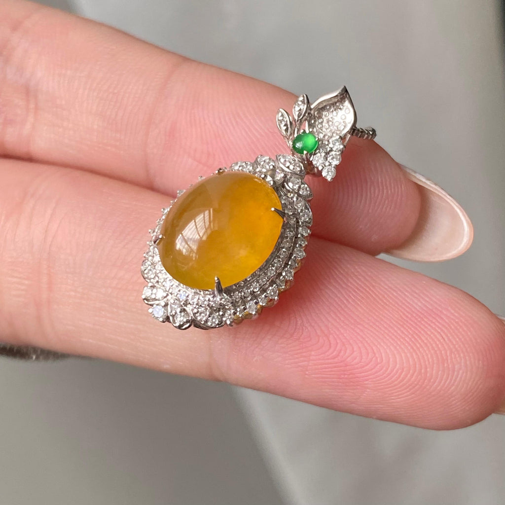 18k金钻镶冰种黄翡蛋面吊坠（yc204916）