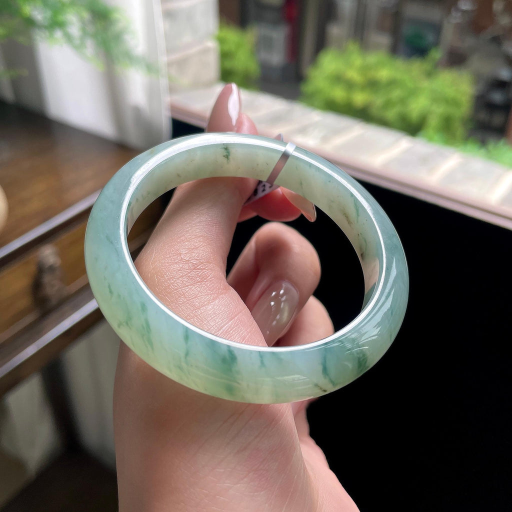 细糯种绿飘花正圈平安镯 53.5圈 天然缅甸A货翡翠（yc696412）