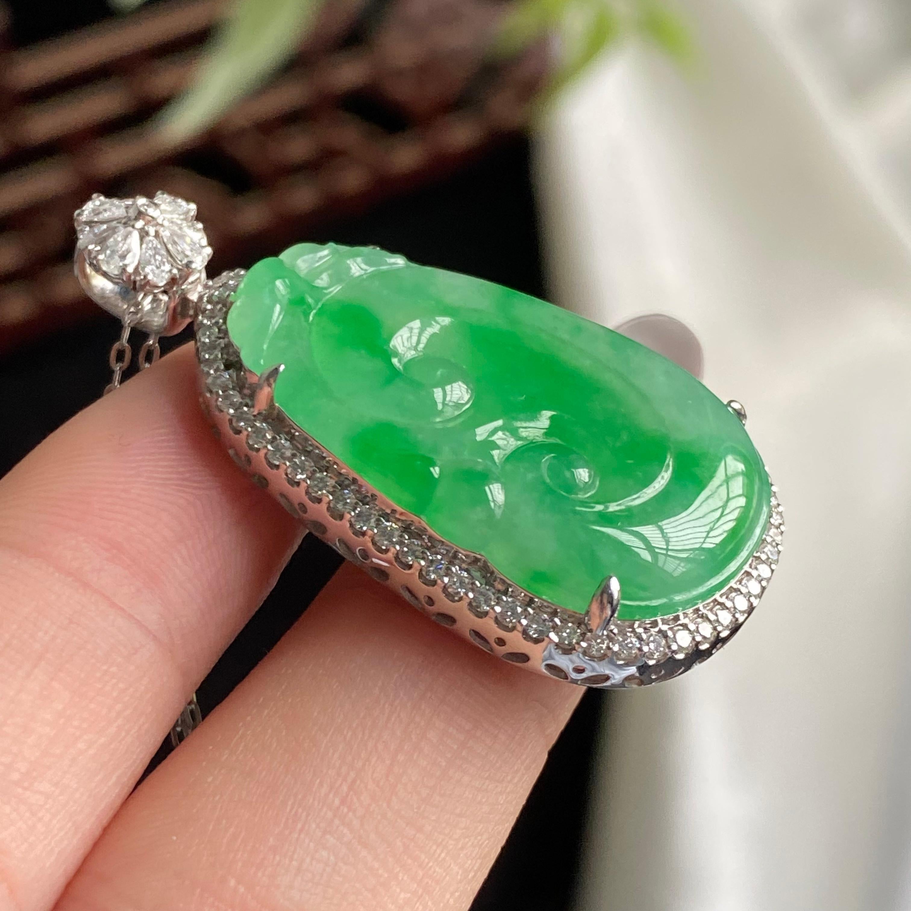 18k金钻镶冰种满绿如意吊坠（yc197330）