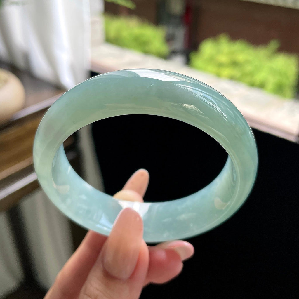 糯冰种冰蓝水油青色宽版正圈平安镯 57圈 天然缅甸A货翡翠（yc693183）