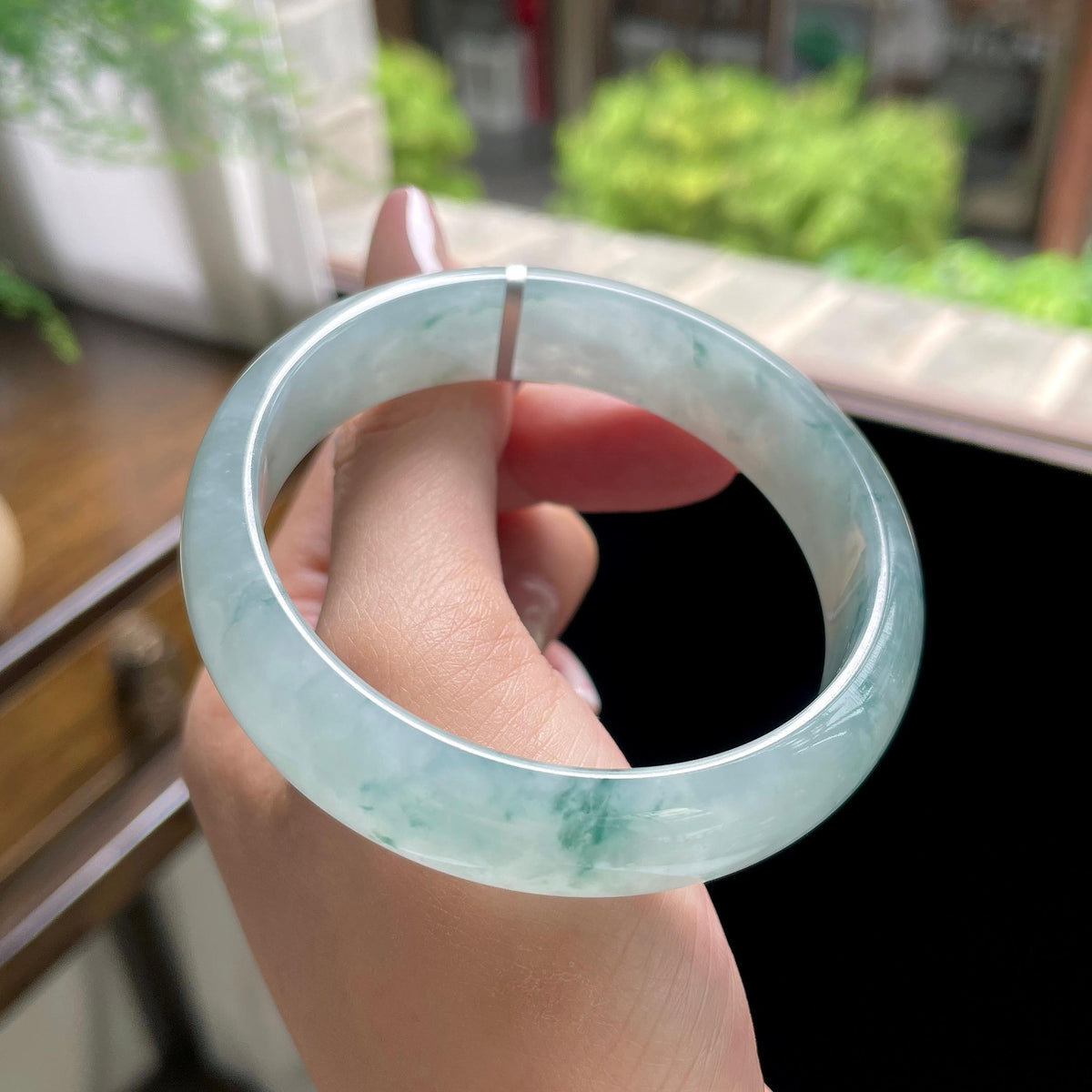 糯冰种蓝飘花宽版正圈平安镯 57圈（yc709485）