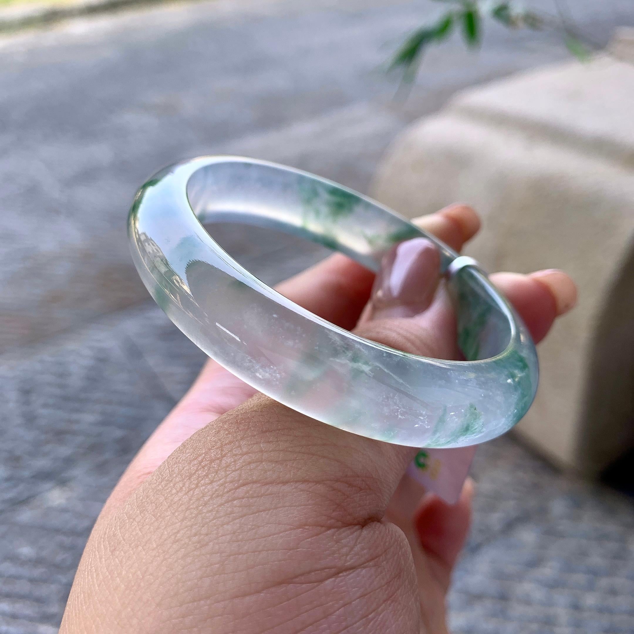 冰种飘绿花贵妃手镯 54.2圈口 天然缅甸A货翡翠（yc508662）