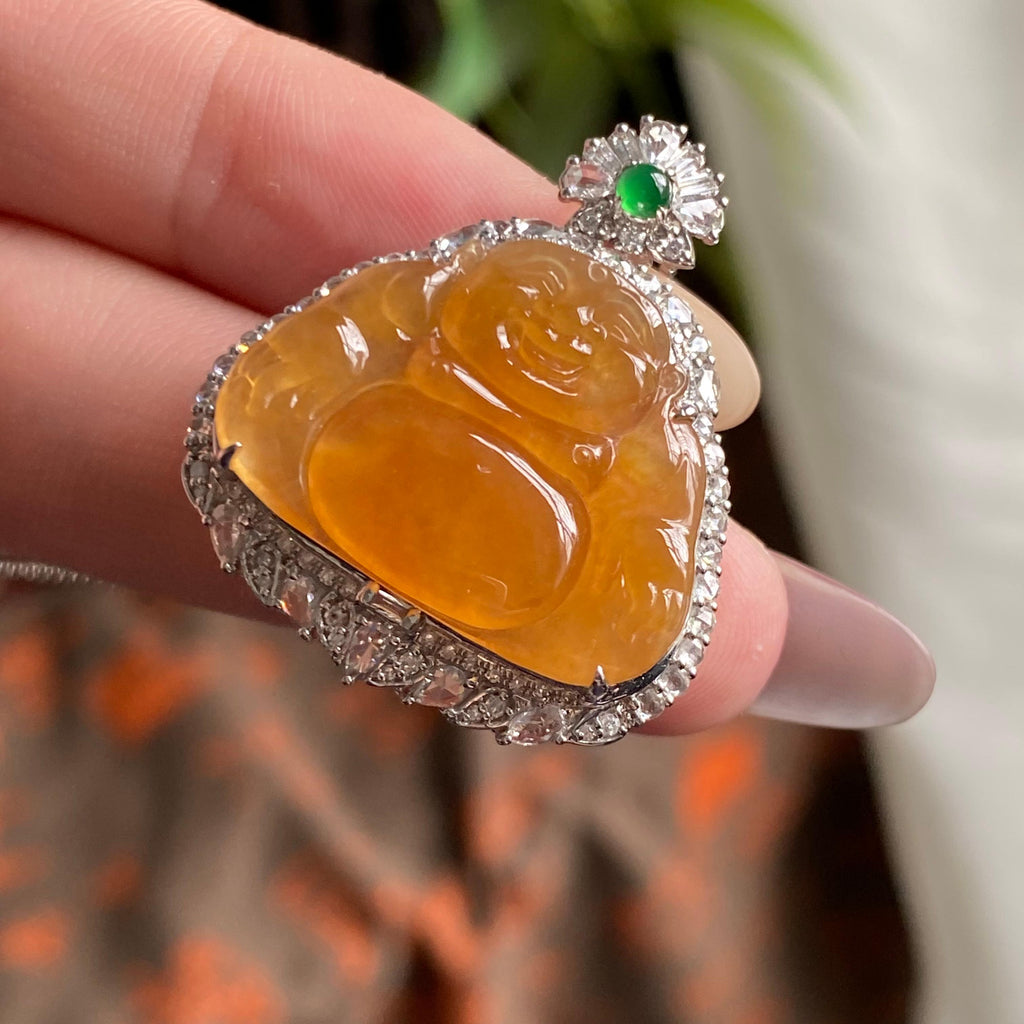 18k金钻镶冰种黄翡佛公吊坠（yc195159）