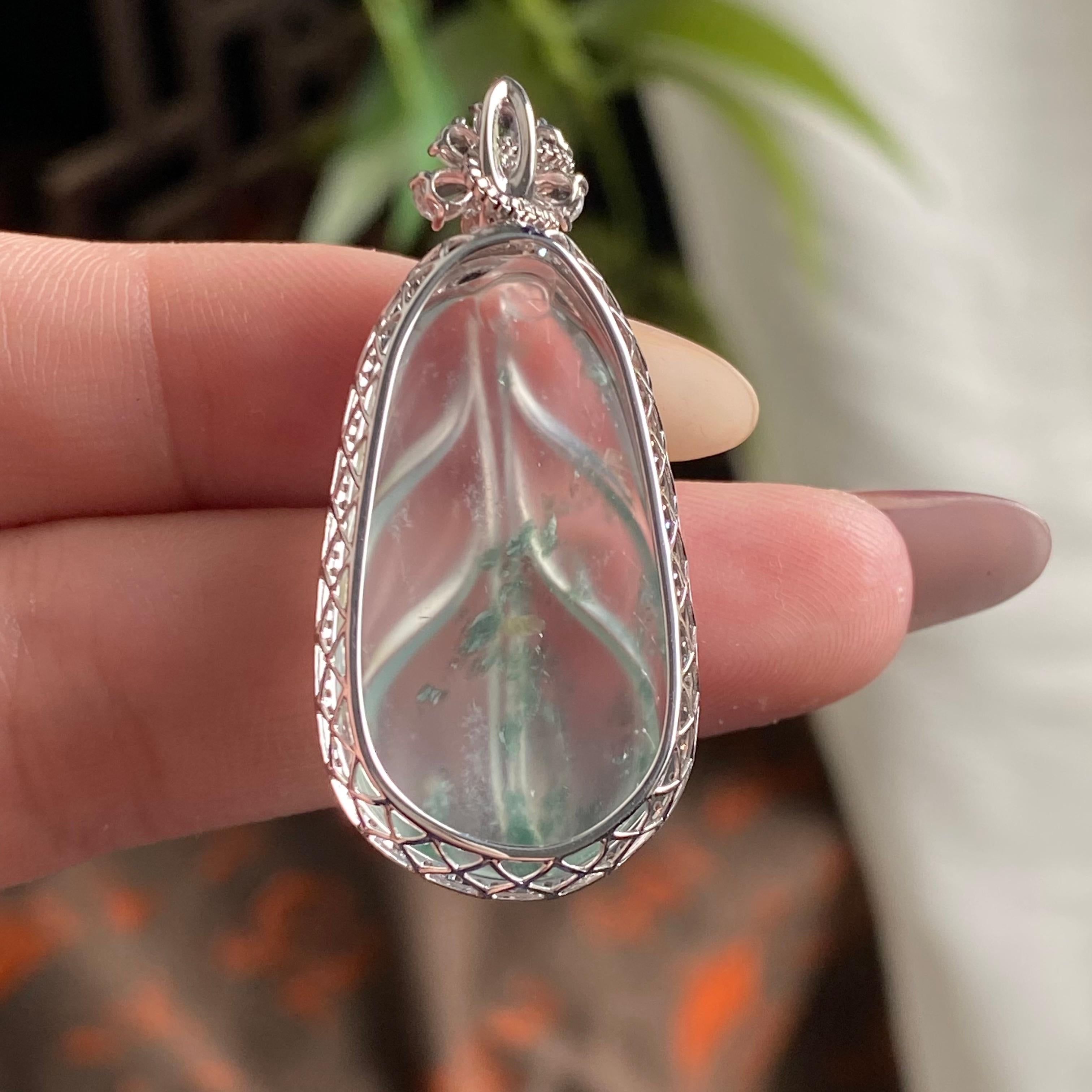 18k金钻镶冰玻种飘花玉叶吊坠（yc195102）