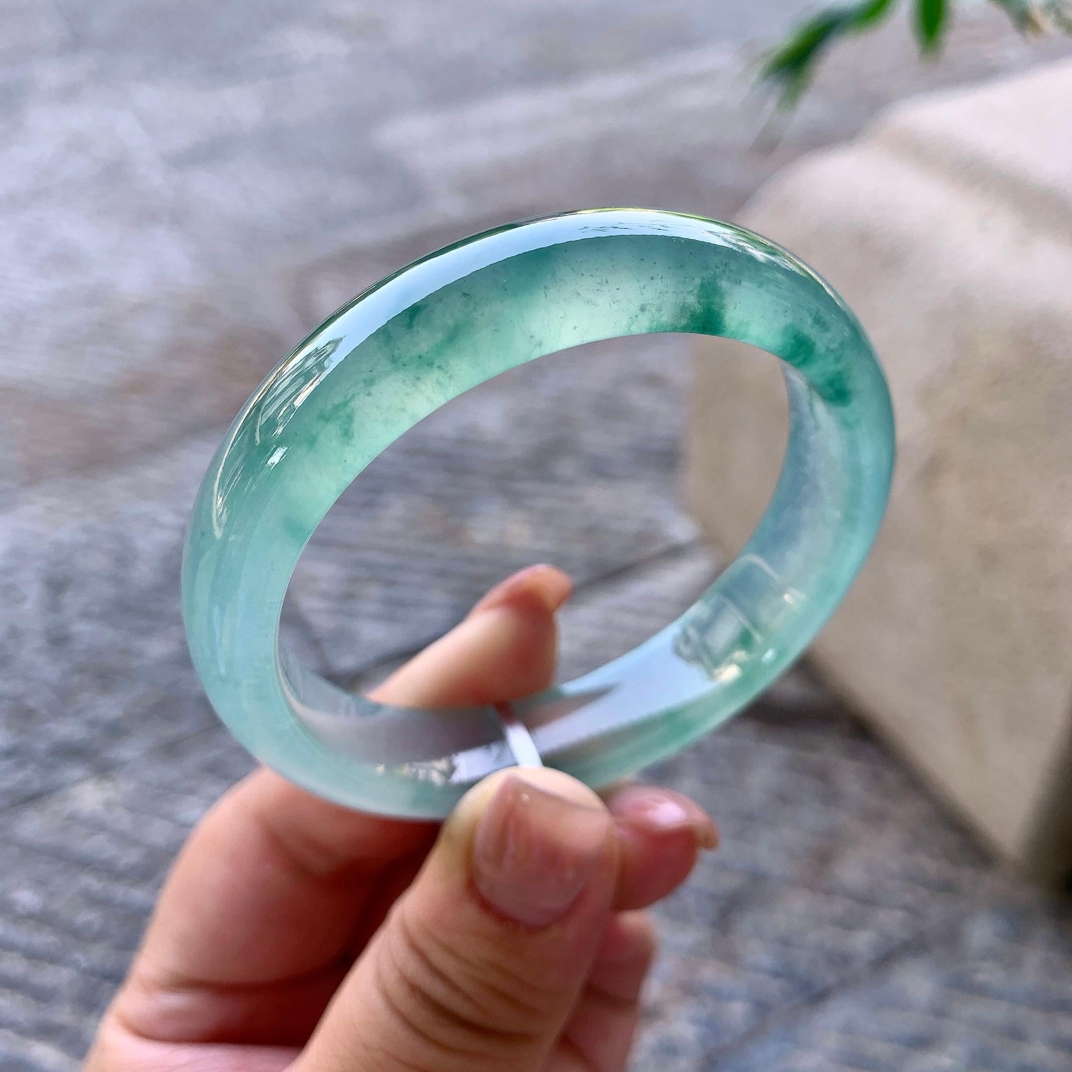冰种晴水飘蓝花正圈平安镯 54圈口 天然缅甸A货翡翠（yc508663）