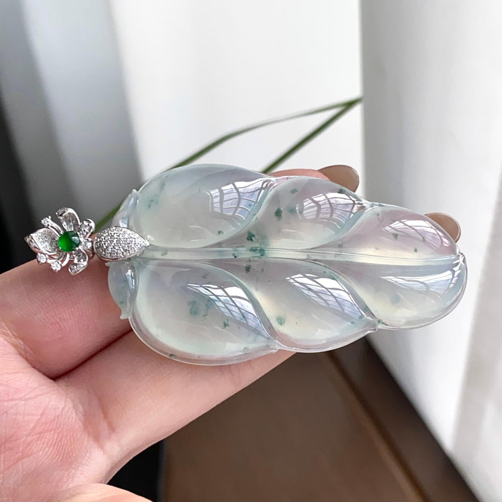 18k金钻镶冰种飘花玉叶吊坠（yc262745）