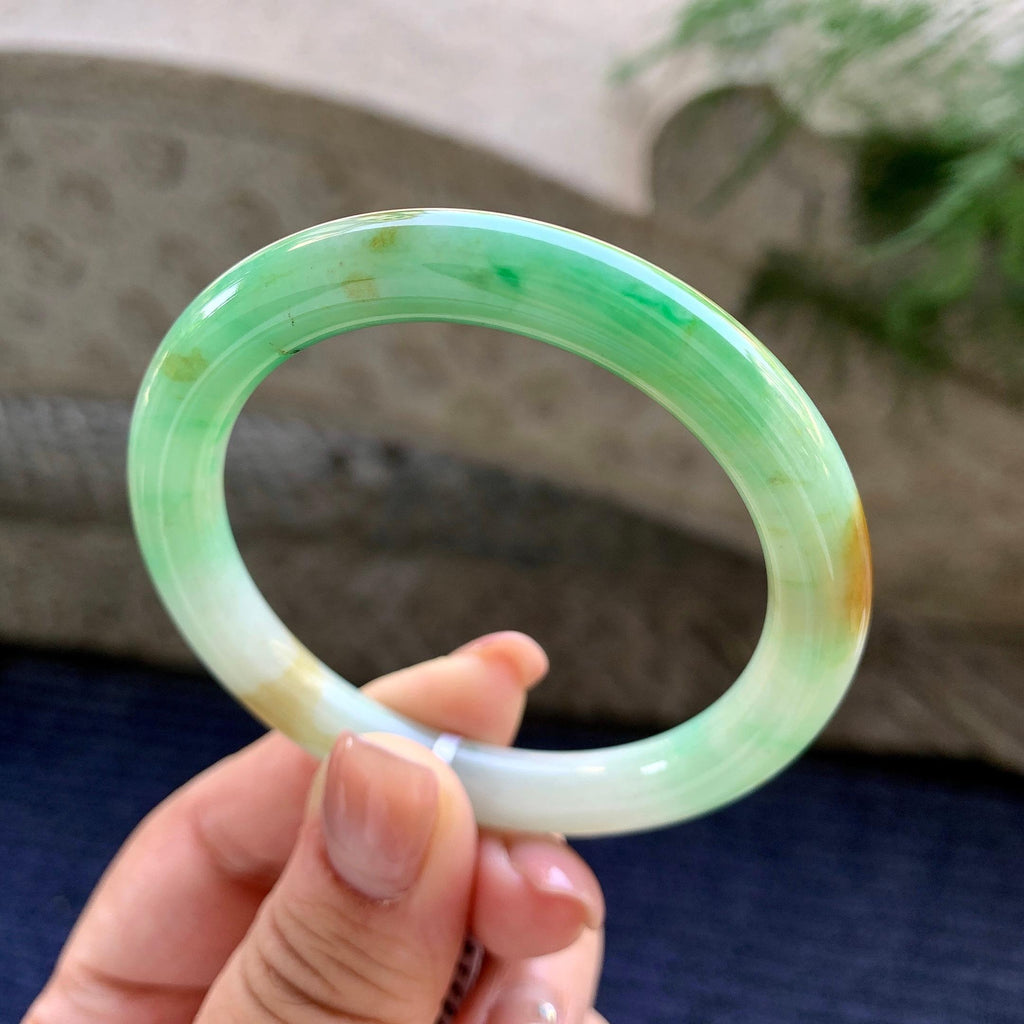小圈口 细糯种黄加绿圆条手镯 51.4圈口 天然缅甸A货翡翠（yc501078）