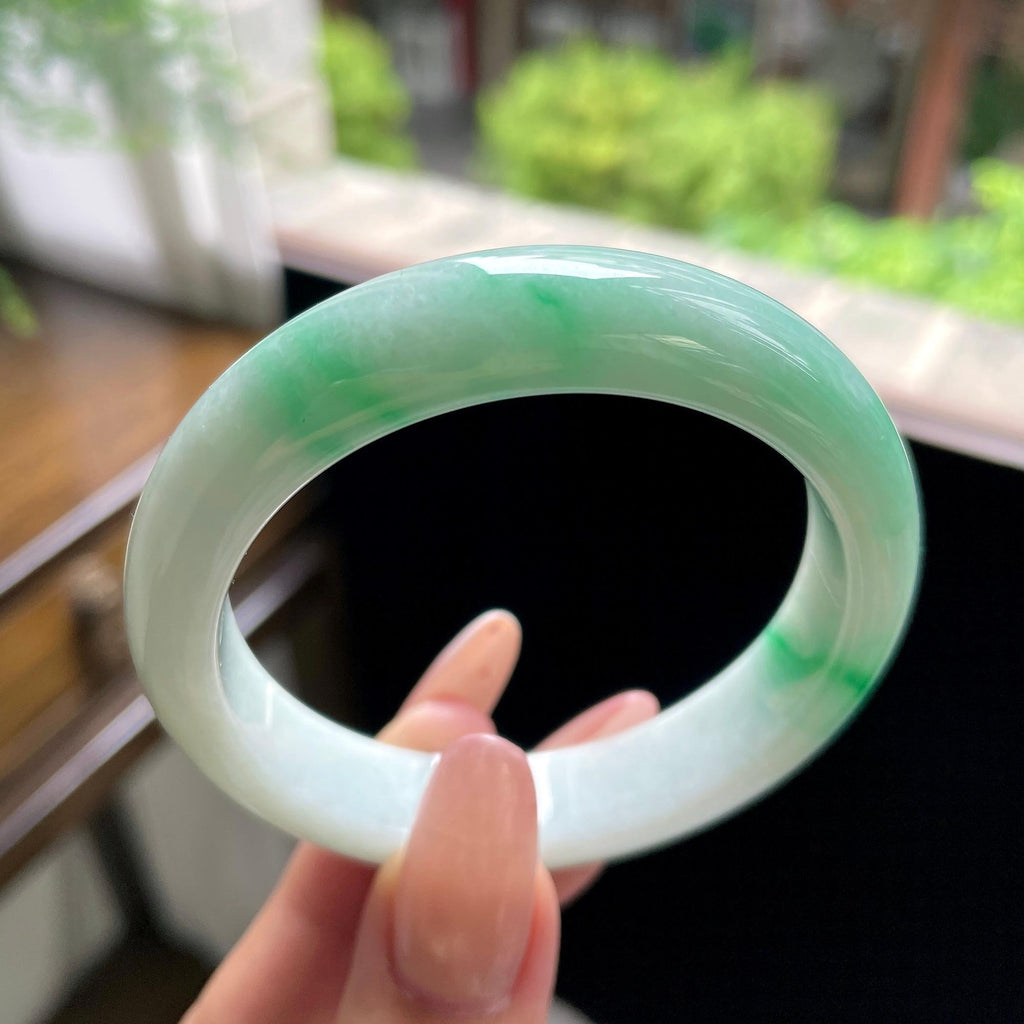 糯种阳绿白底青正圈平安镯 53圈（yc709467）