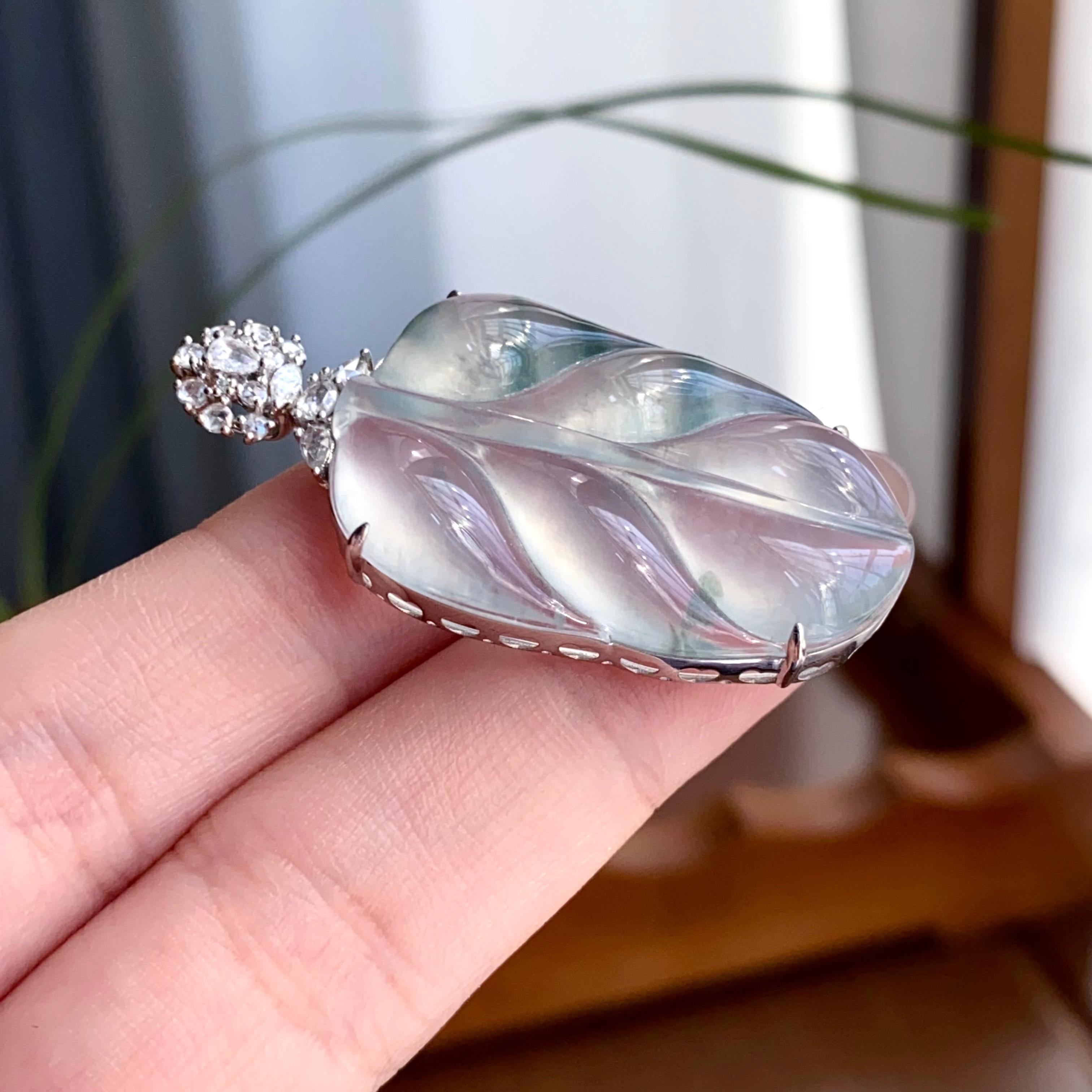 18k金钻镶冰种飘花玉叶吊坠（yc256099）