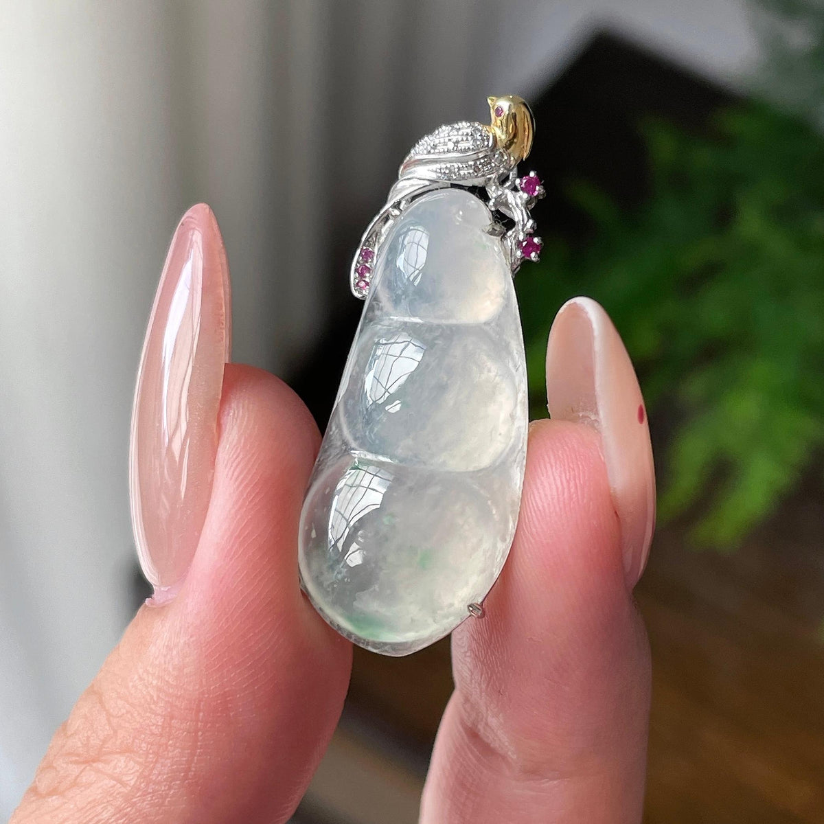 18K金镶糯冰种飘花福豆吊坠 天然缅甸A货翡翠（yc701114）