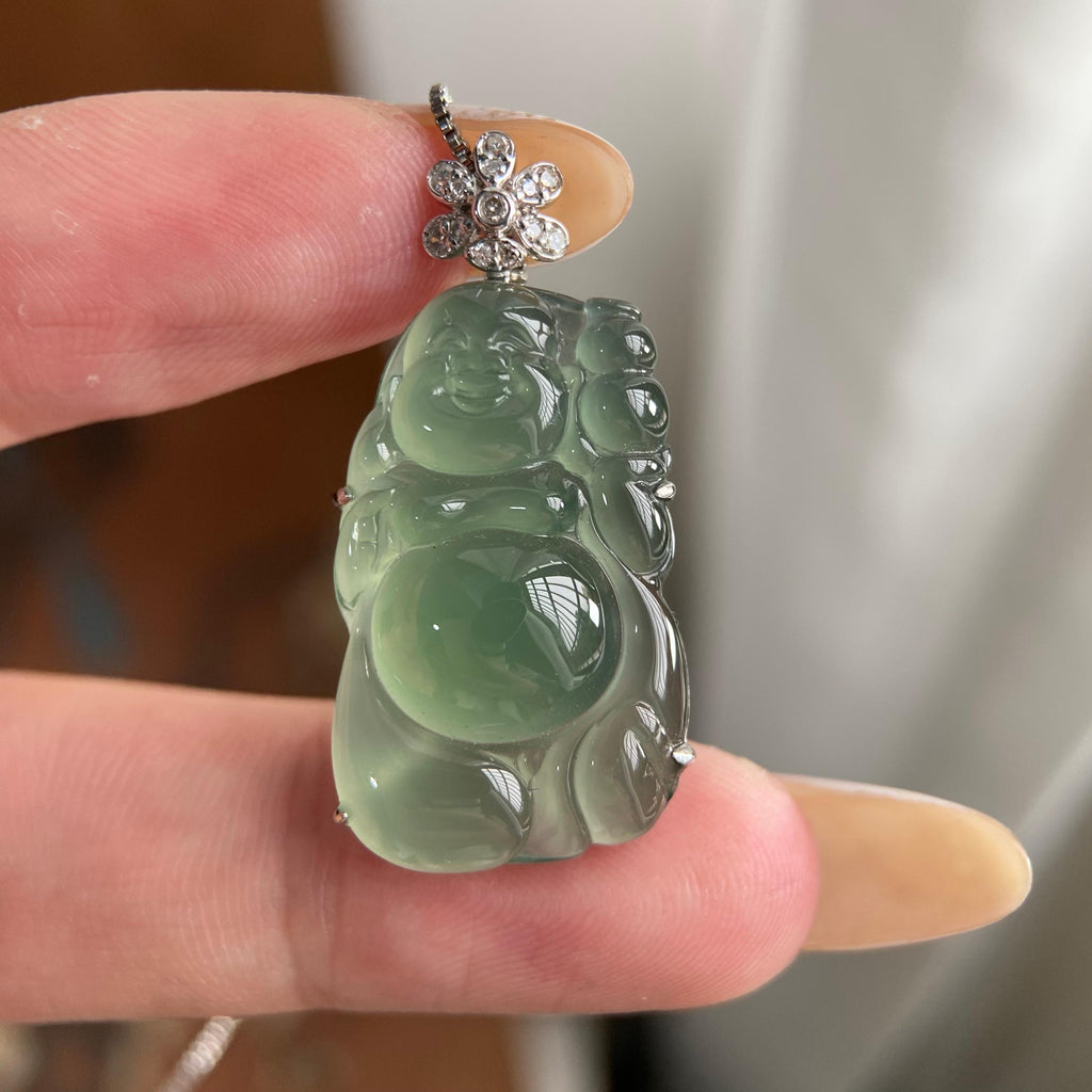 18k金钻镶冰种湖水绿财神吊坠（yc223792）