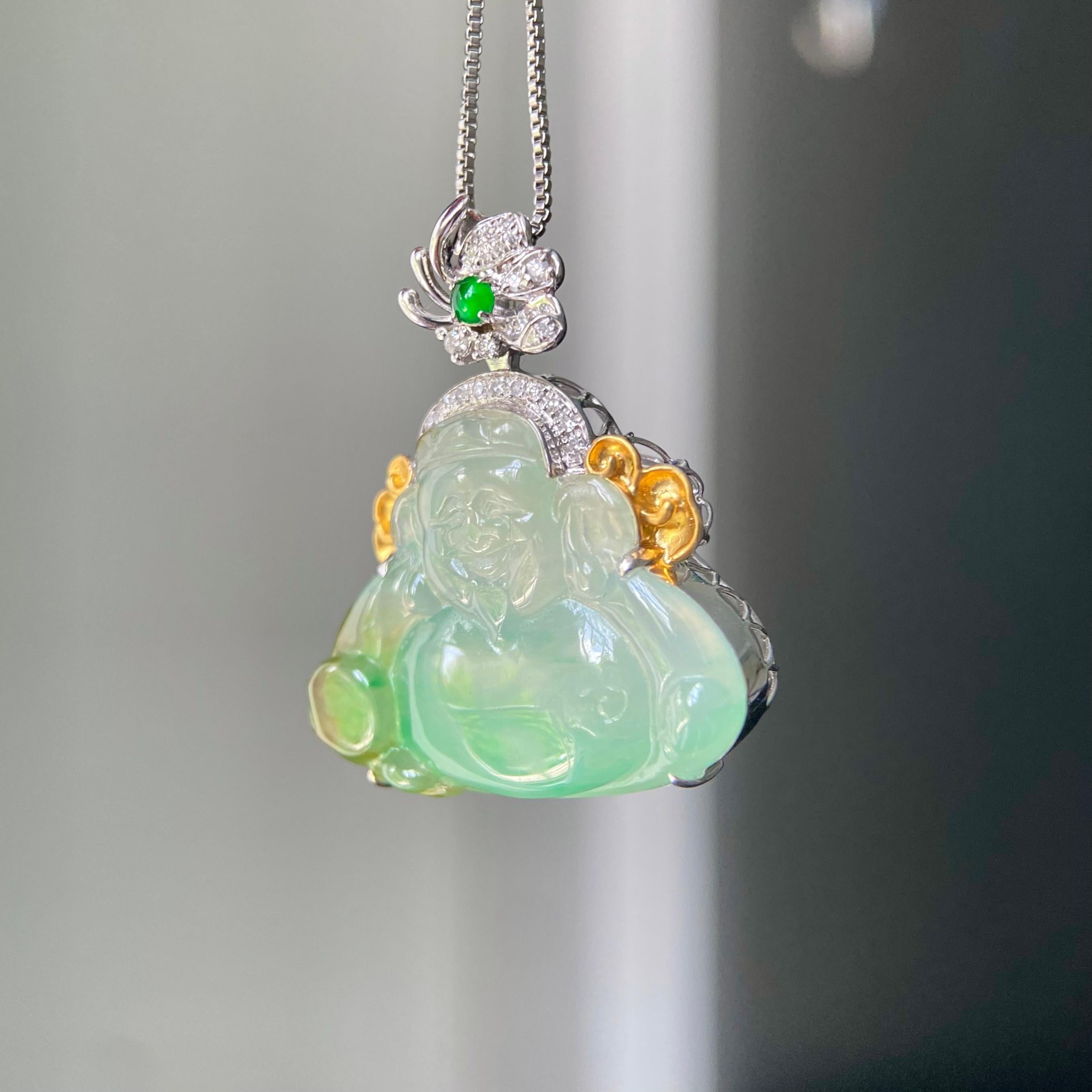 18k金钻镶冰种黄加绿财神吊坠（yc217114）