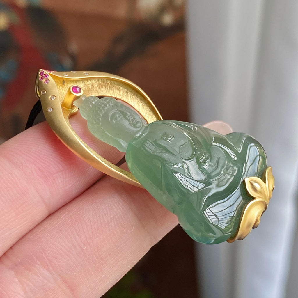 18k金镶冰种湖水绿观音吊坠（yc235110）