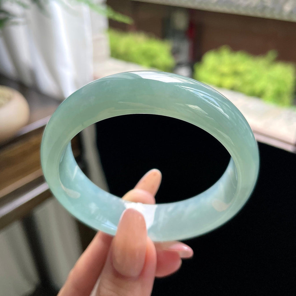 糯冰种冰蓝水油青色宽版正圈平安镯 57圈 天然缅甸A货翡翠（yc693183）