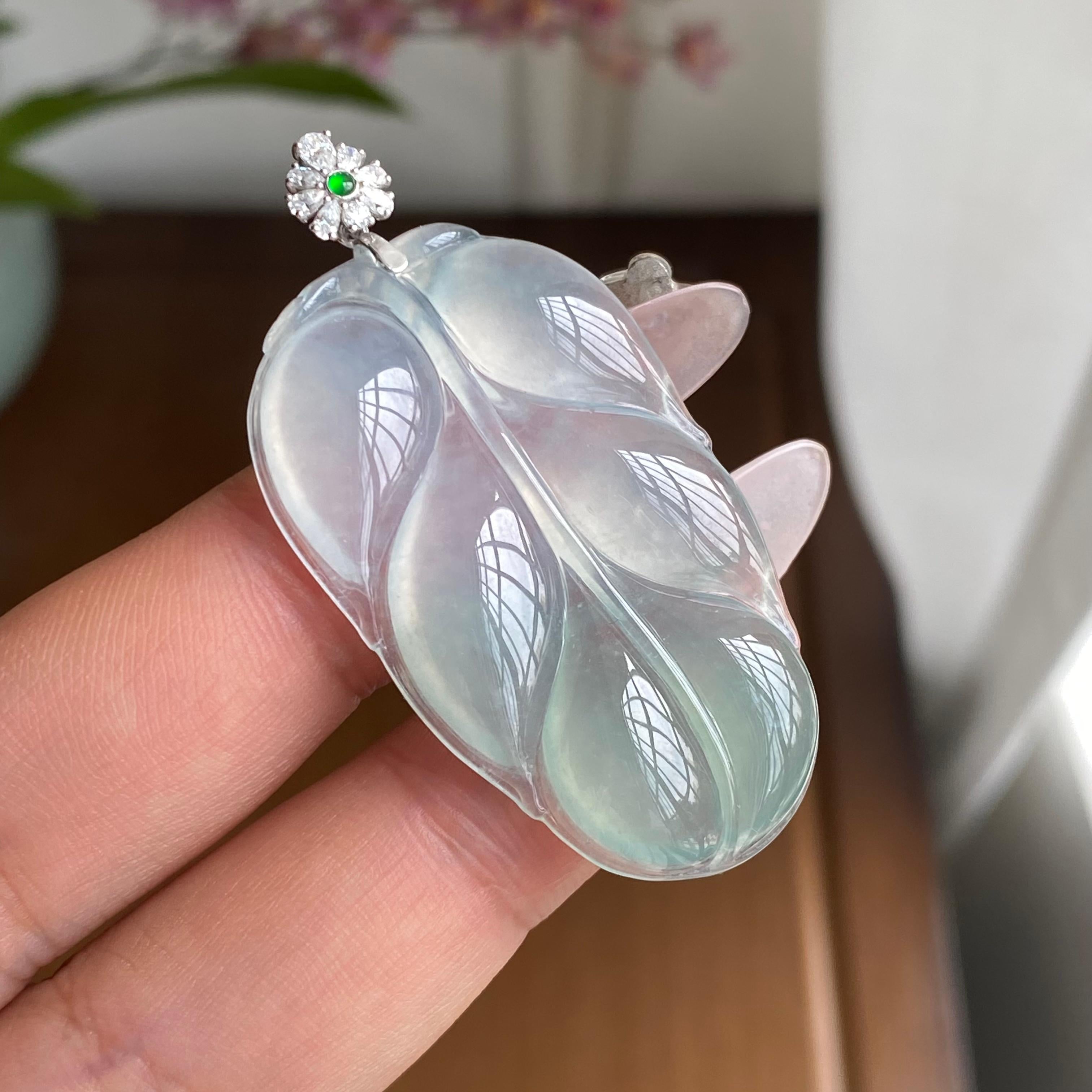 18K金钻镶冰种晴底玉叶吊坠（yc303063）