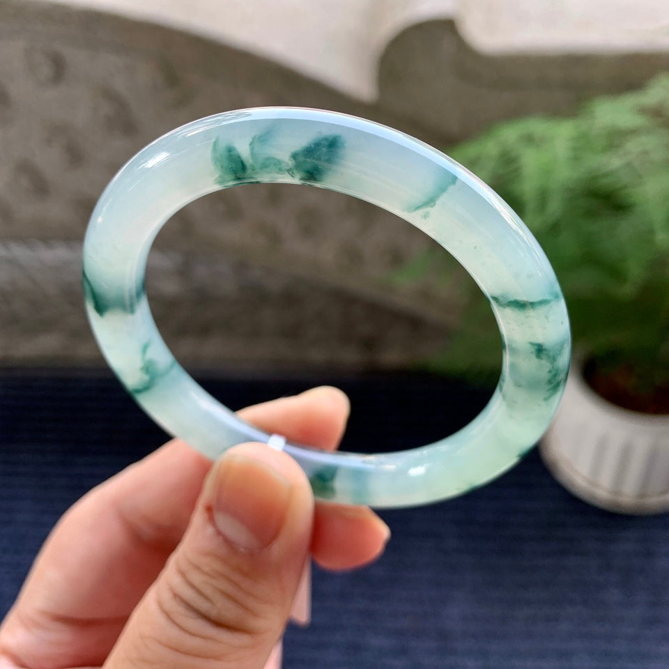 糯冰种飘蓝花圆条手镯（52mm）（yc080286）
