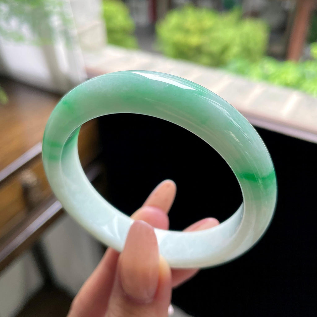 糯种阳绿白底青正圈平安镯 53圈（yc709467）