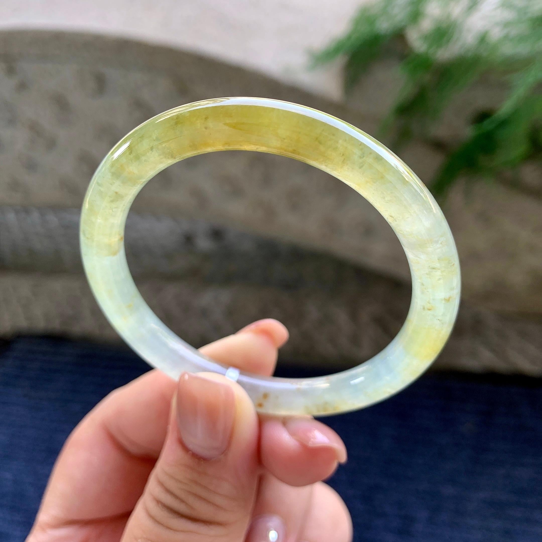 小圈口 糯冰种黄翡圆条手镯 51.5圈口 天然缅甸A货翡翠（yc498079）