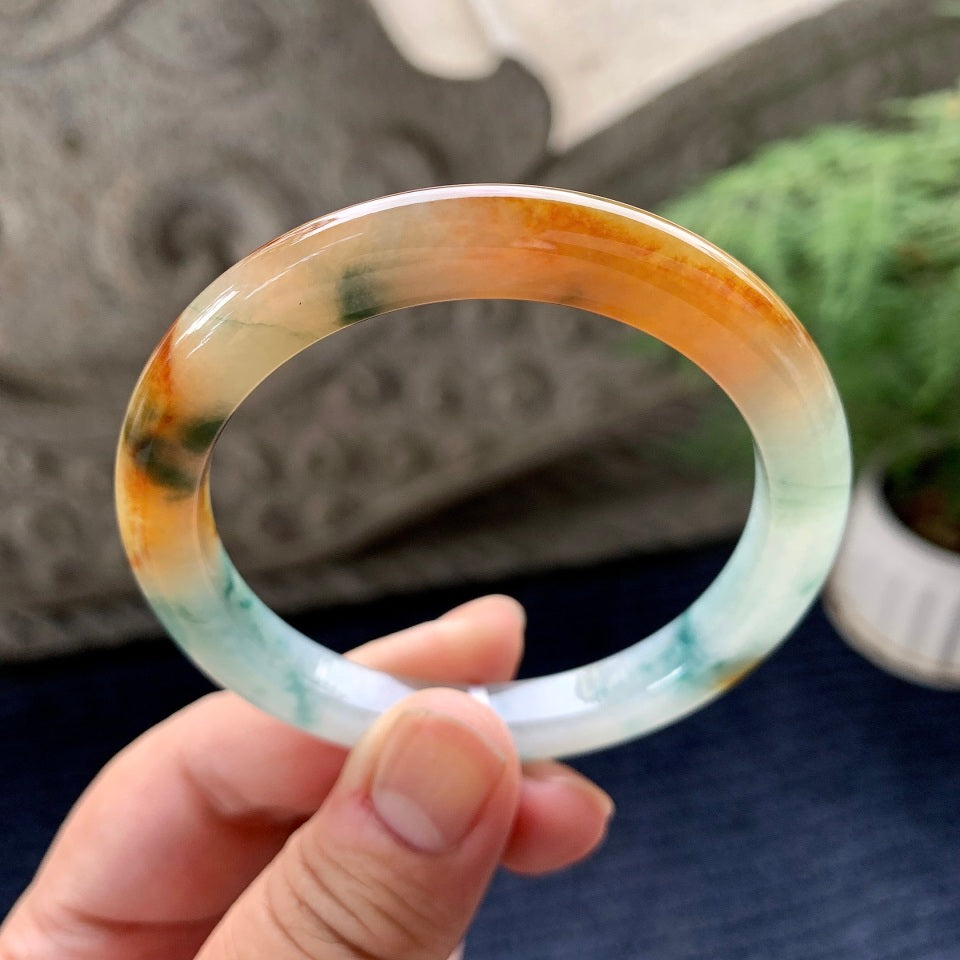 细糯种黄翡飘花平安镯（54.2mm）（yc091796）