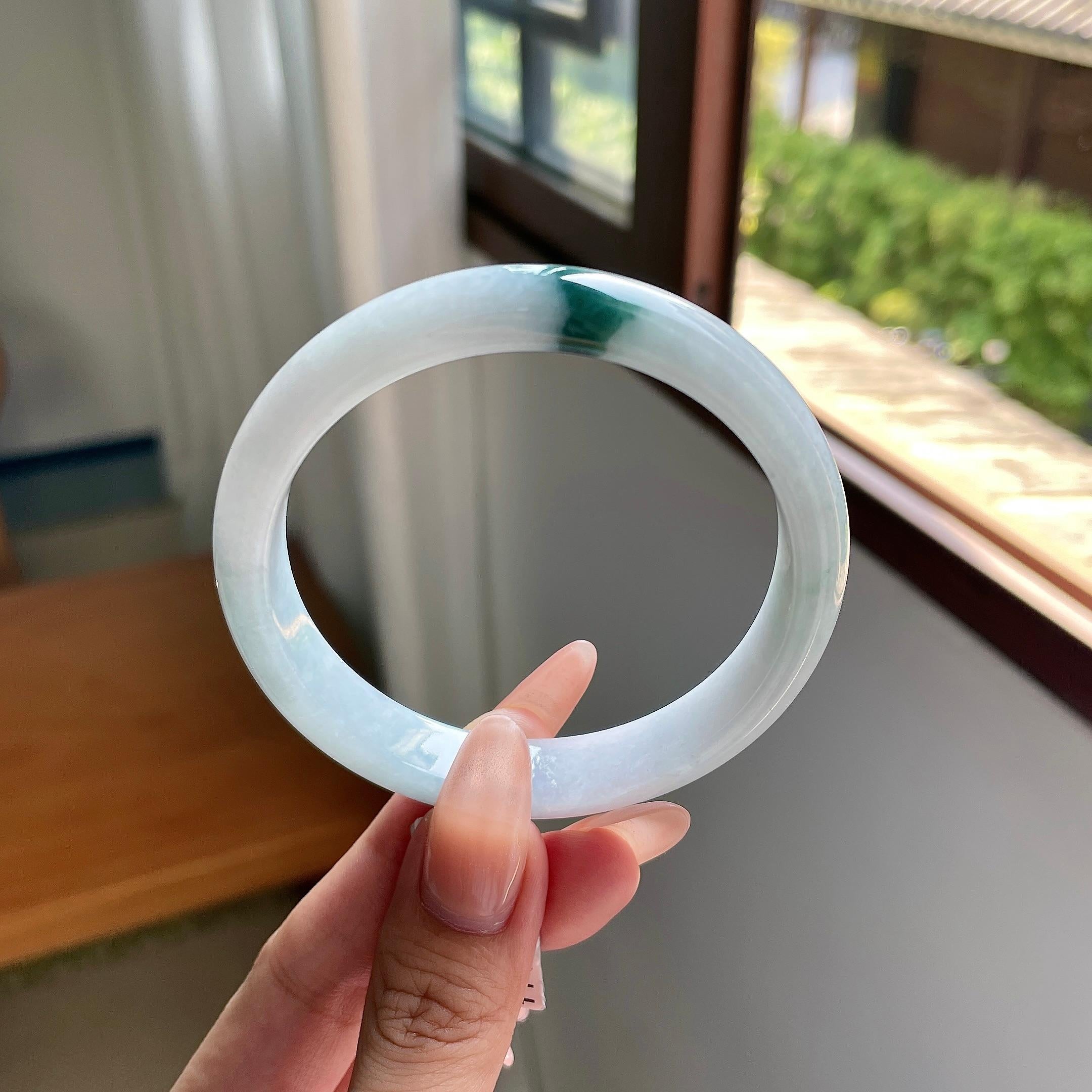 大圈口 糯种蓝飘花正圈平安镯 60圈口 天然缅甸货翡翠（yc508734）