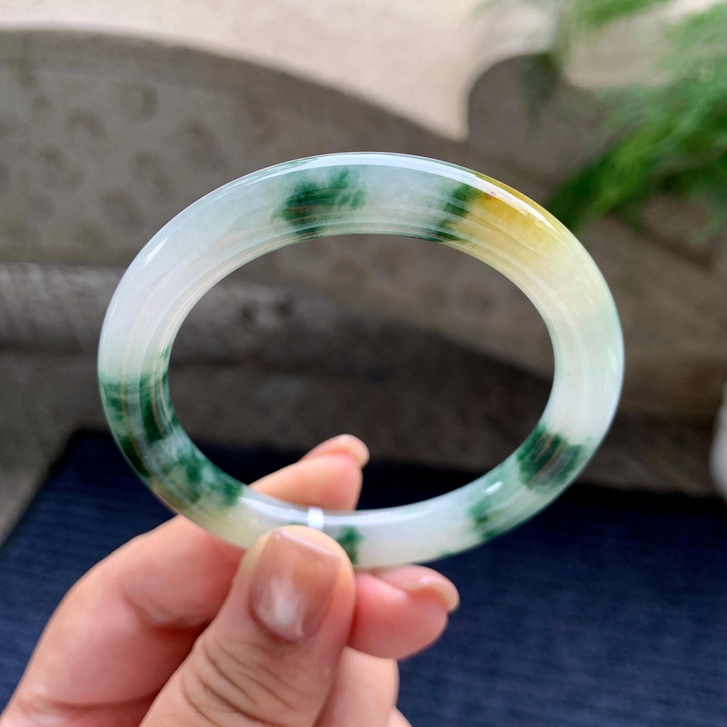 小圈口 细糯种黄翡飘蓝花圆条手镯 51.8圈口 天然缅甸A货翡翠（yc703338）