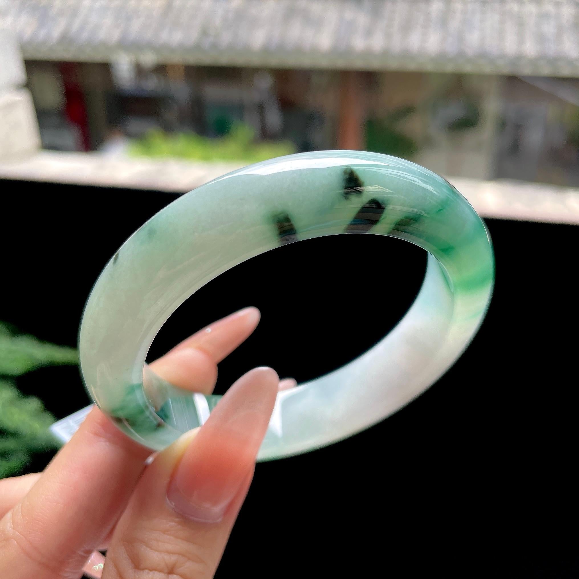 糯冰种绿飘花正圈平安镯 54圈口 天然缅甸A货翡翠（yc527796）