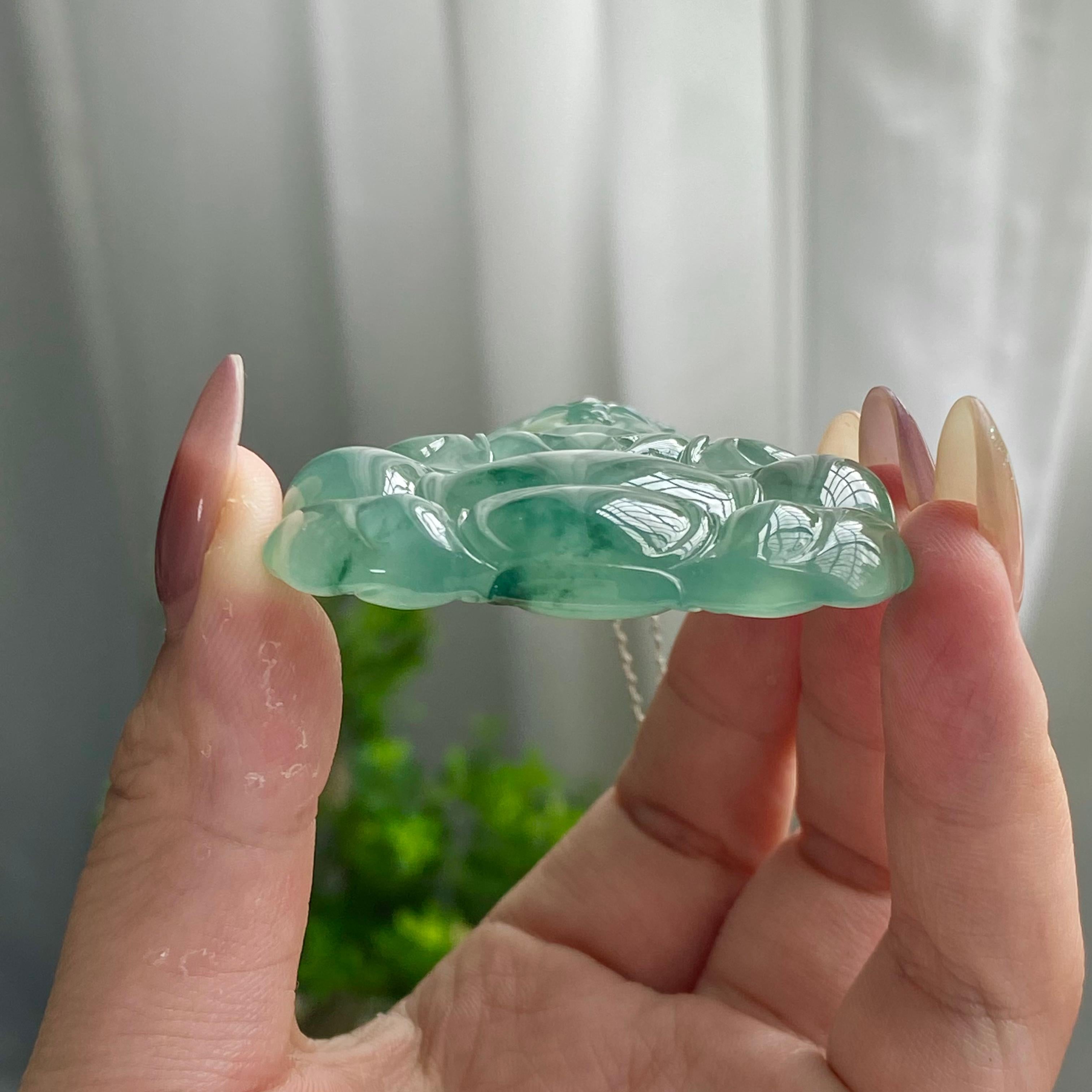 18k金镶冰种湖水绿飘花观音吊坠（yc201006）